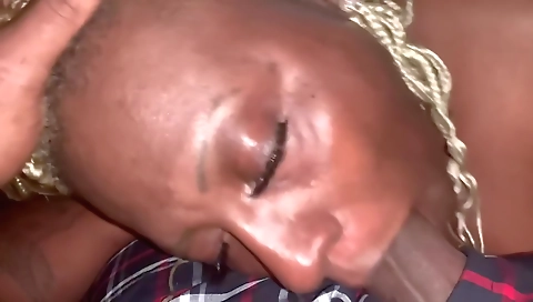 Busty ebony milf rides cock in her mouth and deepthroat