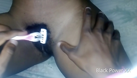 Ebony babe in black panties and ass shaved in hd pov