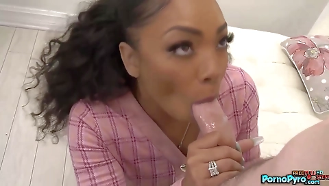 Ebony brunette real estate agent with big white dick