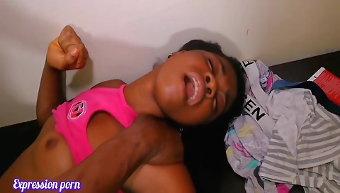 Ebony girl is getting a big cock in her mouth and pussy