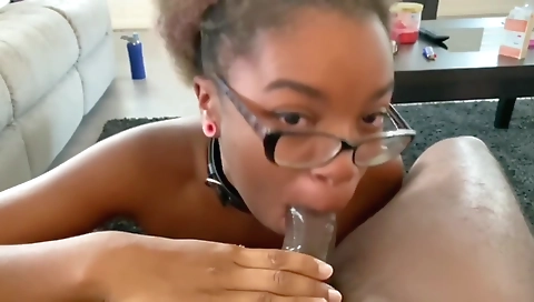 Ebony babe with small tits takes a deep throat blowjob