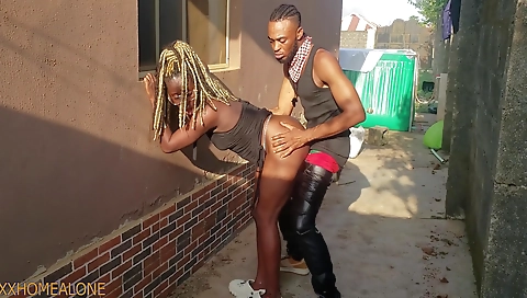 Ebony gets fucked in her backyard and she gets cumshot