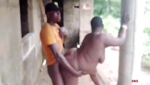 Big booty ebony milf riding on her big cock outdoors