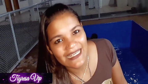 Ebony brunette with a tattooed booty fucks in the pool