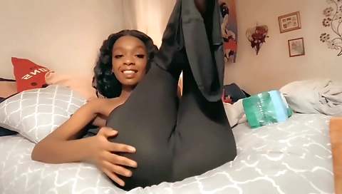 Brunette chick in black shorts and panties hairy pussy