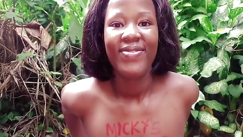 African chick with big tits gets fucked in the jungle
