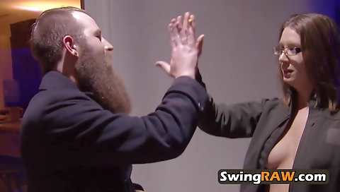 Ebony and brunette couple have sex in a group video