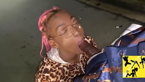 Ebony woman gets a stranger's big cock in her mouth