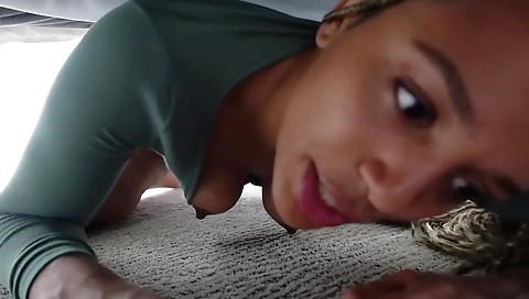 Amateur black girl with tattooed ass riding on toy