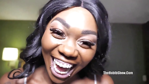 Ebony teen with a tattooed pussy getting deepthroated